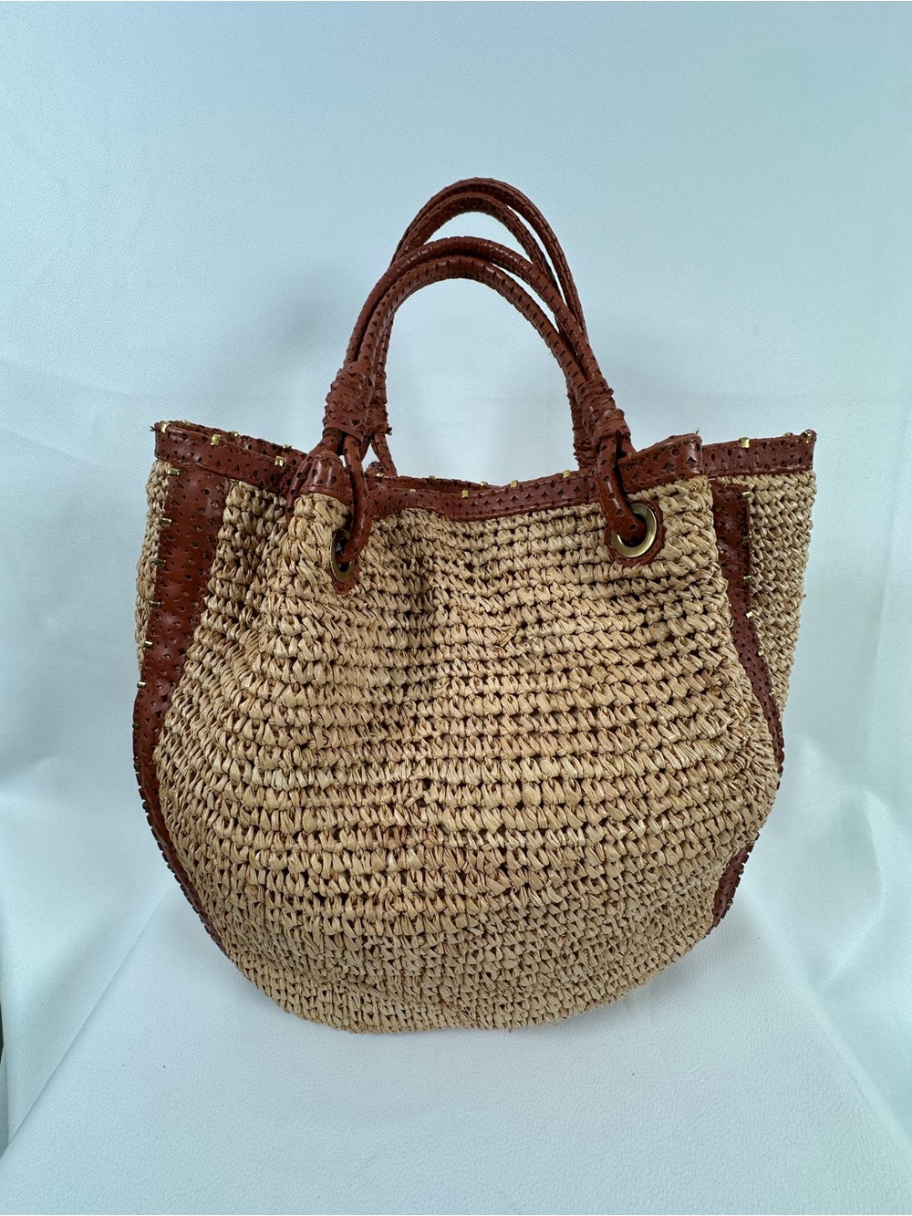 Braided Straw Tote with Brown Leather Trim